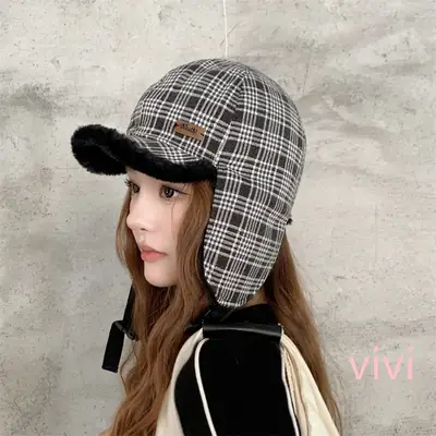 Winter Plaid Fleece Ear Cap for Women Warm
