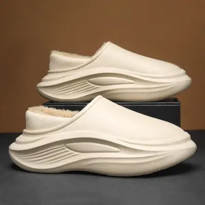 Men's Black Cotton Slip-On Shoes with Warm Fleece Heel