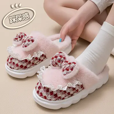 New Style Women's Pink Velvet Bow Slippers for Winter