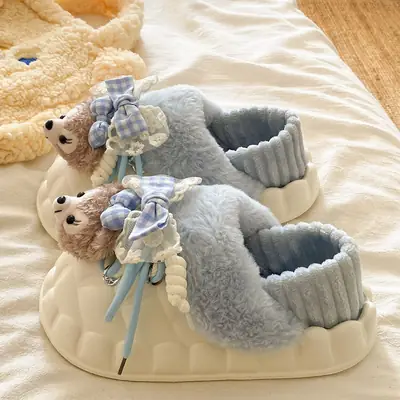Winter Furry Croc Shoes for Women with Bow Decor