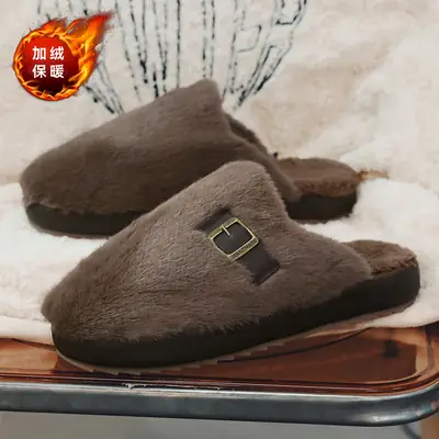 Korean Style Ins Simple Retro Furry Shoes Men's Winter Velvet Warm Cotton Shoes Casual Home Baotou Cotton Slippers
