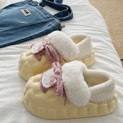Winter Cartoon Bow Slippers for Girls White