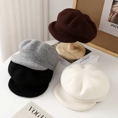 Autumn Woolen Newsboy Hat Gray Japanese Style