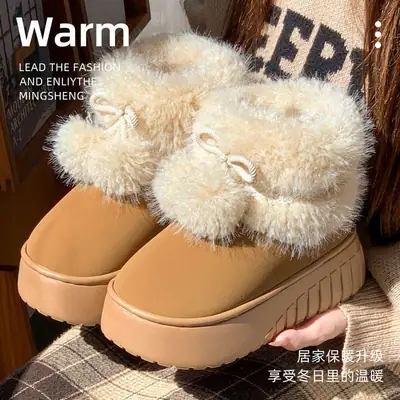 Women Winter Faux Fur Warm Slippers Double Ball