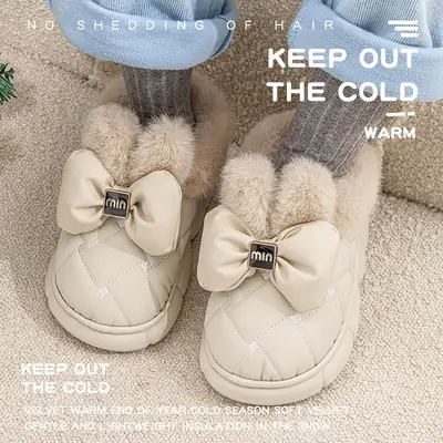 Women's Winter New Cotton Slippers for Outdoor Wear, Warm Cotton Shoes, Non-Slip Plush Warm Maternity Shoes with Bow