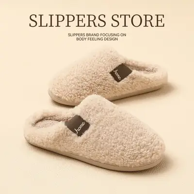 Women's Beige Plush Slippers Warm Indoor Winter