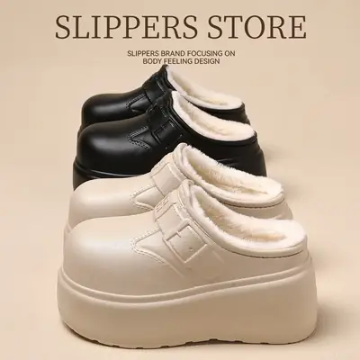 Women Winter Black Plush Warm Slippers