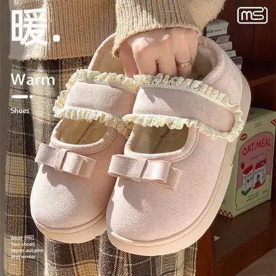 Women Velvet Bow Slippers Black Lace Edge Anti-Slip