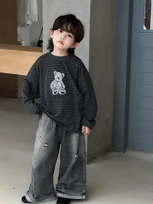 Kids Long Sleeve Bear Print T-Shirt Grey Denim Pants Set