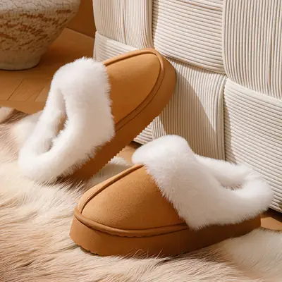 Thick-Soled Cotton Slippers for Women in Autumn and Winter Indoor Home Fleece-Lined Thickeneded Non-Slip Warm Pure Color Simple Plush Slippers