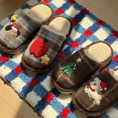 Christmas Tree Slippers for Women Brown Winter Floor Cotton