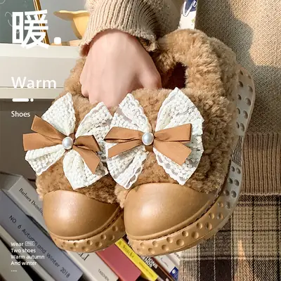 2025 Winter Fleece Bow Slippers for Men Women Warm Home Wear