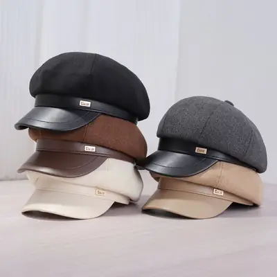 Women's Cream Leather Brim Cap Large Head