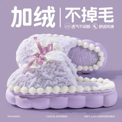 Autumn Winter Bow Cotton Slippers Women Warm Non-Slip