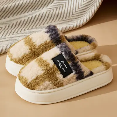 Winter Plush Slippers Women Men Retro Plaid Warm Thick Sole