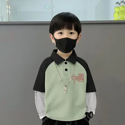 Boys Turn-Down Polo Shirt Green Black New Spring Autumn Style