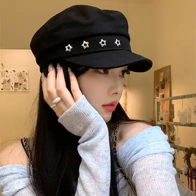 Navy Vintage Star Beret for Women Spring Summer