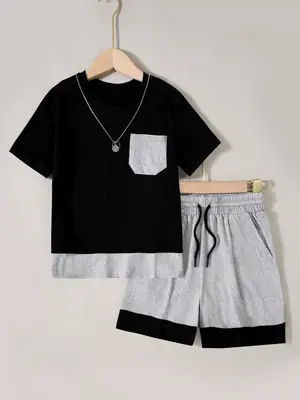 Cross-Border Boys Summer T-Shirt Shorts Set Black Grey