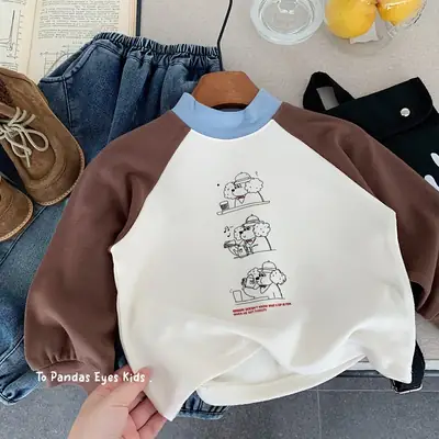 Japanese-Style Boys Thermal Long-Sleeve T-Shirt Brown White