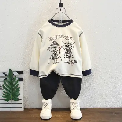 Boys Long Sleeve Cartoon T-Shirt Cream Black Round Neck