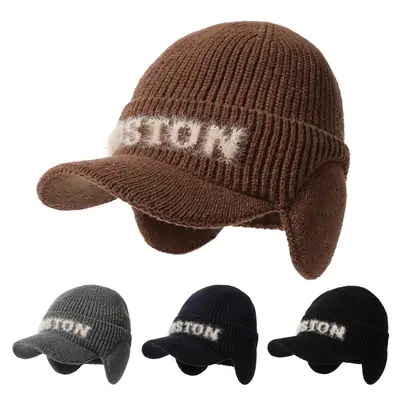 Winter Men Wool Letter Hat Duckbill Cap Brown Black Grey