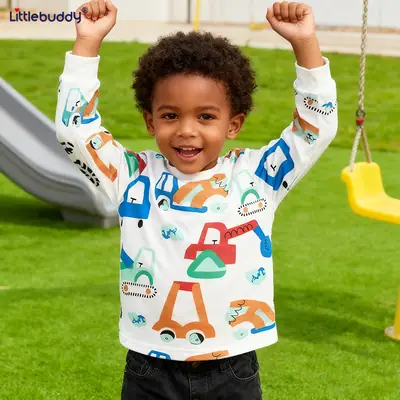 Kids Cotton T-Shirt with Car Print, Round Neck, Long Sleeve, White