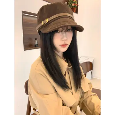 Women Suede Flat Cap with Leather Buckle Autumn Winter