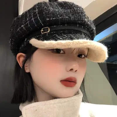 Women Plaid Warm Beret Hat Large Circumference