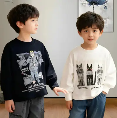 Kids Long Sleeve Graphic T-Shirt Black Cotton Boys 2025