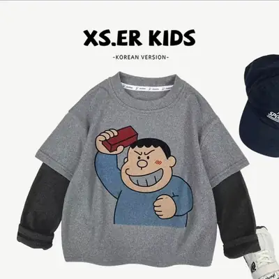 Boys Korean Style Fake Two Piece Long Sleeve T-Shirt 2025 Spring Autumn