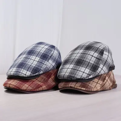 Japanese Plaid Forward Cap Blue White Warm Newsboy Cap