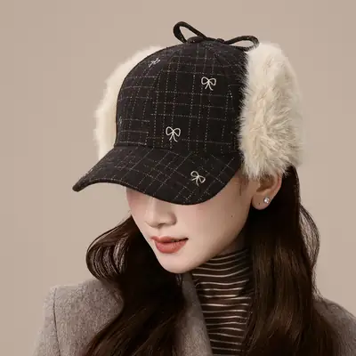 Women Wool Plaid Ear Protection Cap Winter Warm
