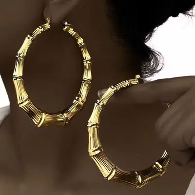 Shein Amazon European and American Wish Exaggerated Kc Gold Large Hoop Hip-Hop Nightclub Earrings Oversized Bamboo Earrings