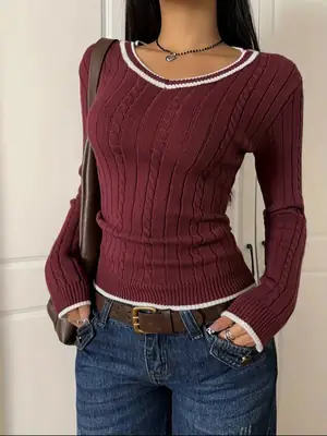 White Knitted V-Neck Sweater for Women