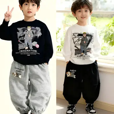 Kids Cotton Graphic T-Shirt & Sweatpants Set Spring Autumn Boys