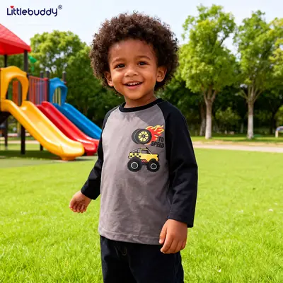 Kids Round Neck Long Sleeve T-Shirt Gray Black Car Print