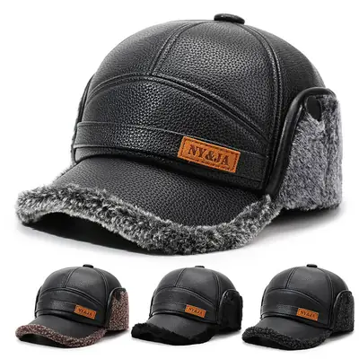 Men's Black Leather Ear Hat with Warm Fleece Trim