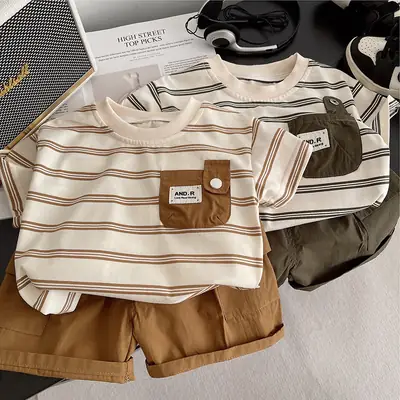 Boys Striped Shorts T-Shirt Set Brown White Kids Casual