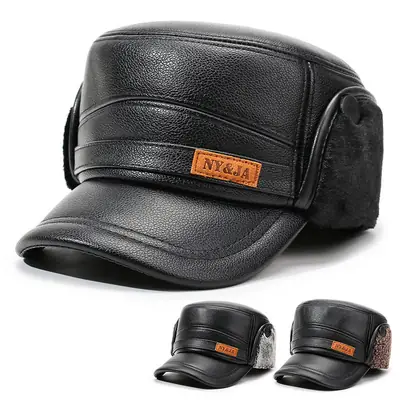 Winter Leather Fleece Hat for Men with Ear Protection