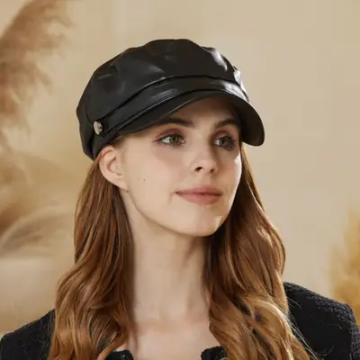 Women Japanese Retro Pu Leather Beret Hat Large Head Circumference