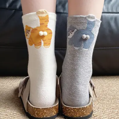 Cute Cartoon Cat Socks for Women Mid-Calf Cotton