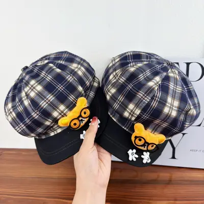 Cute Cartoon Glasses Bear Plaid Hat for Women