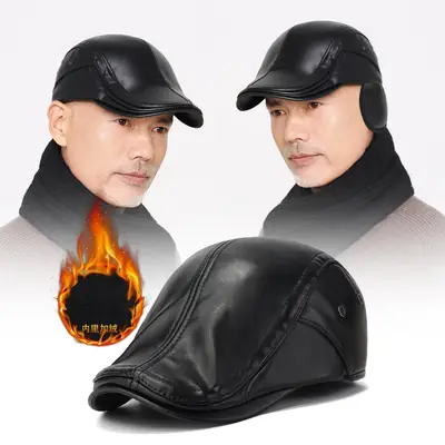 Winter Leather Motorcycle Helmet Brown Adjustable