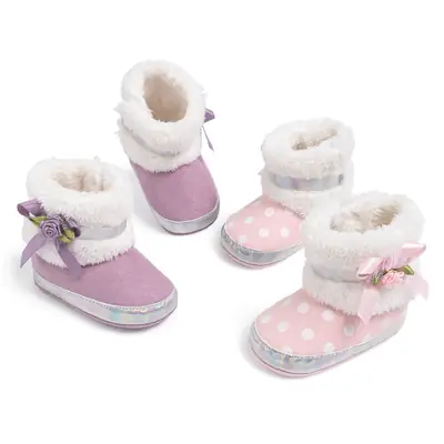 Cross-Border Popular Baby Boots Warm Plus Velvet Bow Baby Toddler Shoes Soft Sole Non-Slip Wholesale Babyshoes