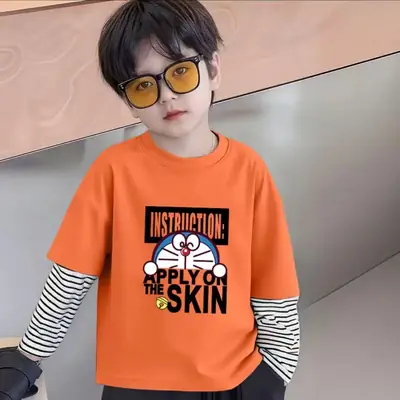 Boys Striped T-Shirt Faux Two-Piece Pink Doraemon Print