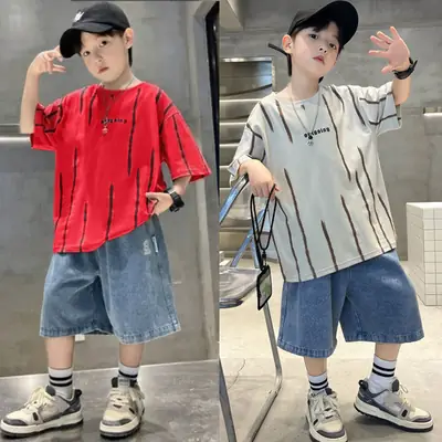 Boys Summer T-Shirt Set Red Striped Denim Shorts 2026