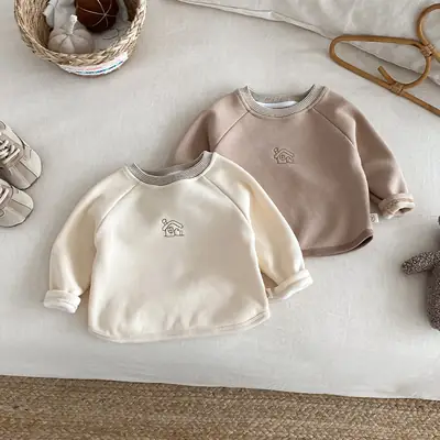Baby Velvet T-Shirt with Embroidered House Design, Cream, Non-Falling, 2025 Winter