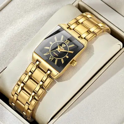 Gold Square Watch for Women with Roman Dial