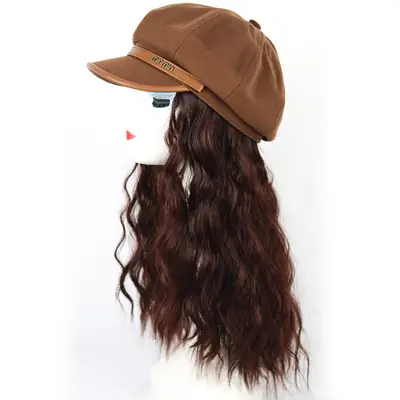 Women's Autumn Brown Wig Cap with Long Wavy Hair