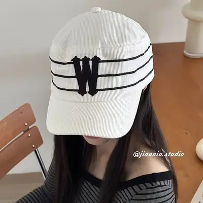 Black Korean Letter Embroidered Cap for Women